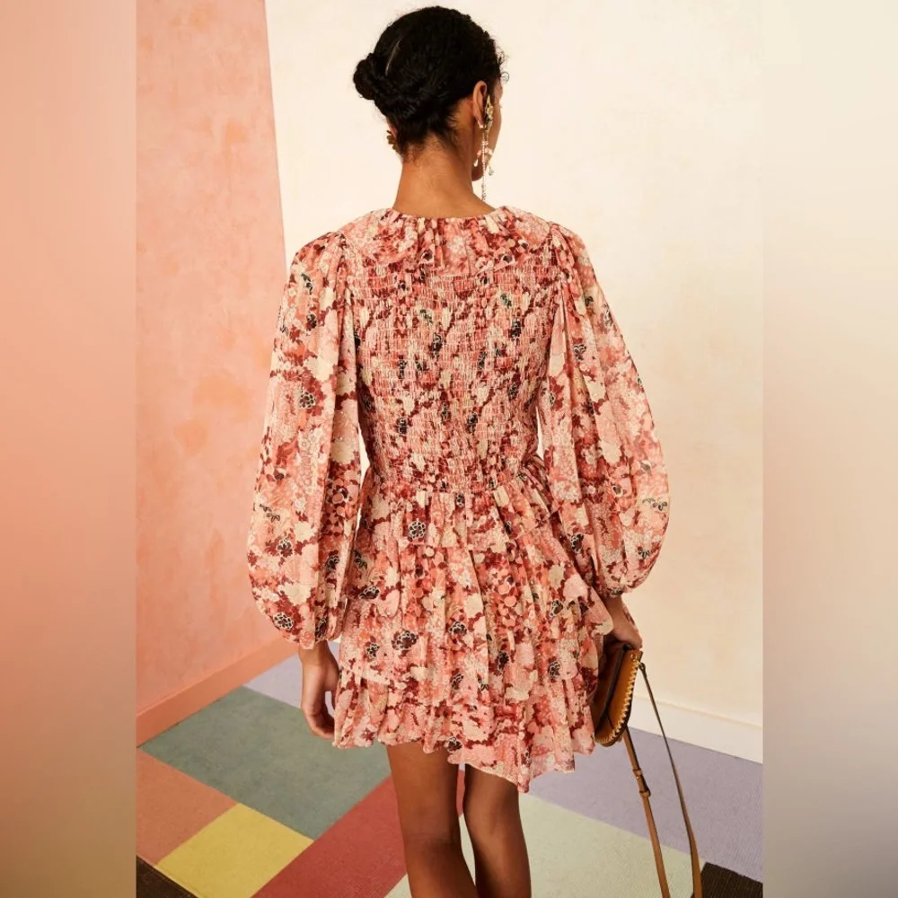 Ulla‎ Johnson Tamara Dress Silk Mini Metallic Floral Print Coral Size 2 Tiered